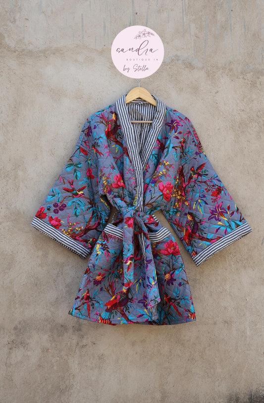 Indian Handmade Cotton Quilted Jacket, Vintage Free Size Cotton Quilted Overcoat Kimono Women's Bohemian Long Coat with Belt, Gift for Her