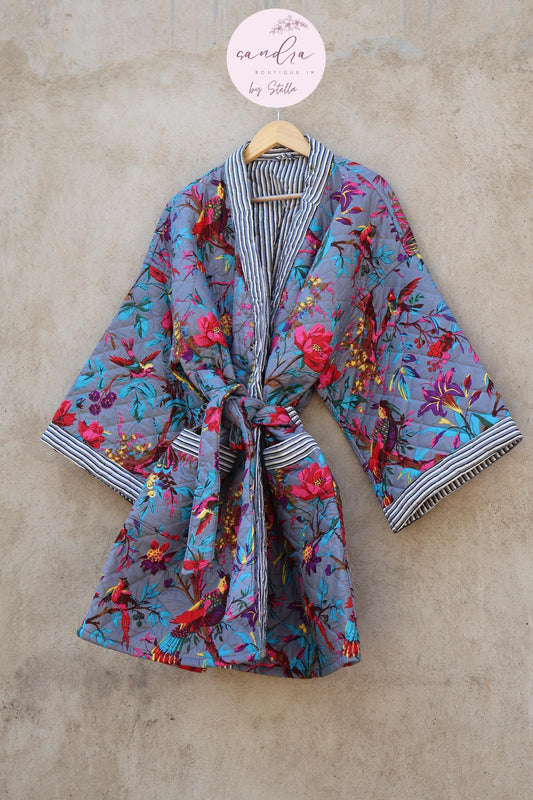 Indian Handmade Cotton Quilted Jacket, Vintage Free Size Cotton Quilted Overcoat Kimono Women's Bohemian Long Coat with Belt, Gift for Her
