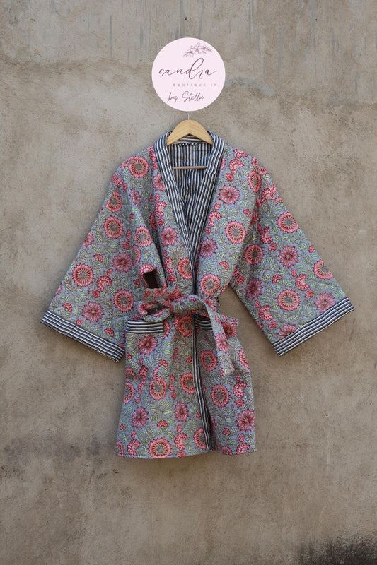 Indian Handmade Cotton Quilted Jacket, Vintage Free Size Cotton Quilted Overcoat Kimono Women's Bohemian Long Coat with Belt, Gift for Her