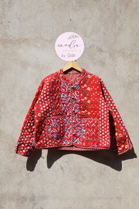 Indian Handmade Quilted Cotton Jacket, Red Patchwork Women's Reversible Coat, Kimono Vintage Boho Fall Jacket, Spring Jacket Gift for Her
