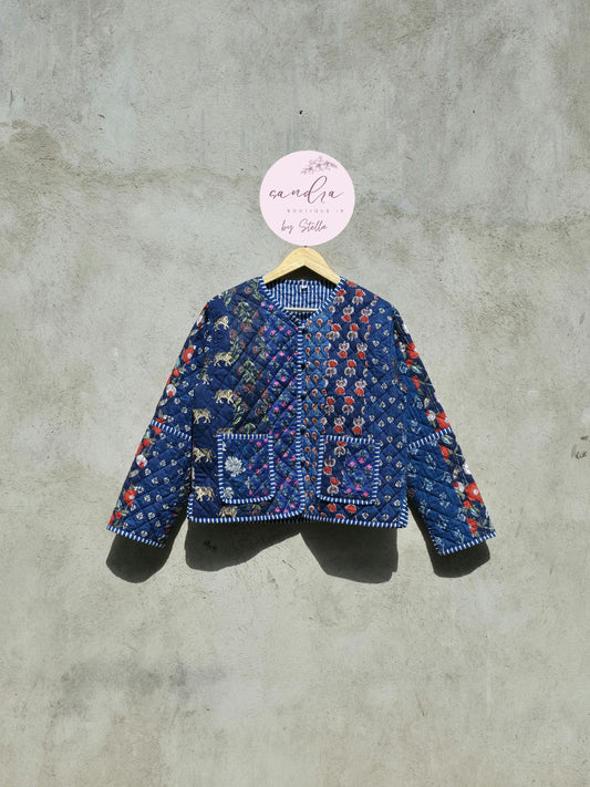 Indian Handmade Patchwork Cotton Quilted Jacket, Vintage Blue New Style Cotton Quilted Jacket, Reversible Women's Boho Coat, Gift for Her