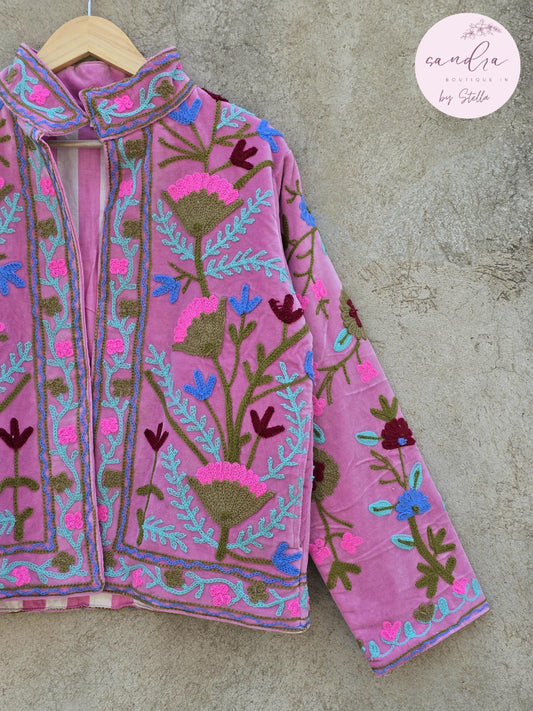 Suzani Embroidery Cotton Velvet Jacket, Kimono Jacket Handmade Soft TNT Fabric Jacket, Women's Clothing Coat Boho Jacket Spring Gift for Her