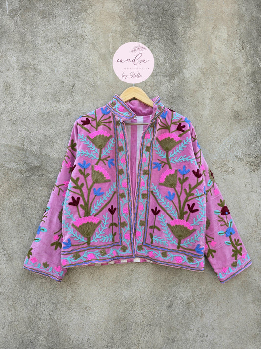 Suzani Embroidery Cotton Velvet Jacket, Kimono Jacket Handmade Soft TNT Fabric Jacket, Women's Clothing Coat Boho Jacket Spring Gift for Her