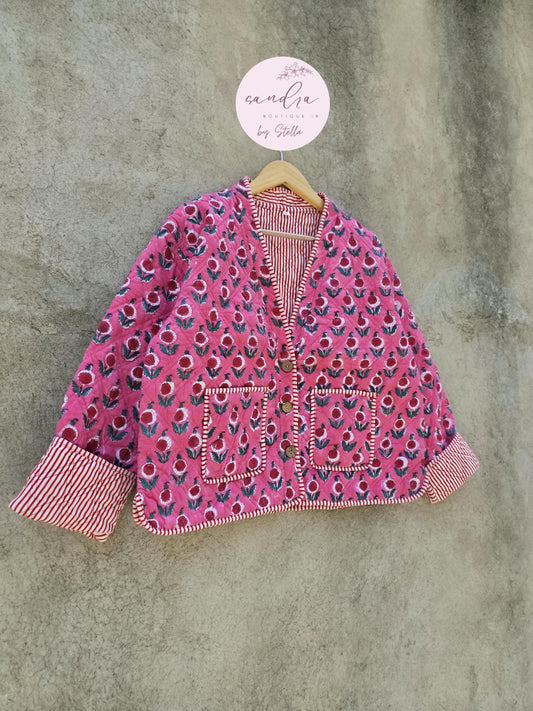 Cotton Quilted Jacket V-Neck New Style Kantha Jacket Pink Hand Block Printed Indian Women's Clothing Coat Boho Spring Jacket Gift for Her