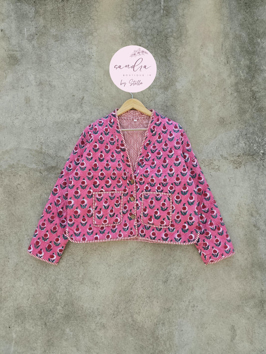 Cotton Quilted Jacket V-Neck New Style Kantha Jacket Pink Hand Block Printed Indian Women's Clothing Coat Boho Spring Jacket Gift for Her
