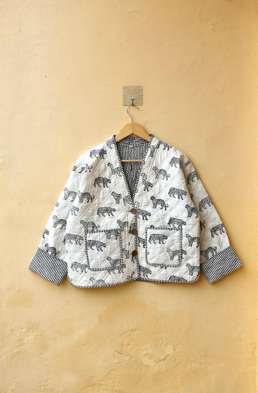 Indian Handmade Cotton Quilted Jacket, Vintage Cheetah Hand Block Print Women's Reversible Boho Clothing Kimono Spring Gift for Her