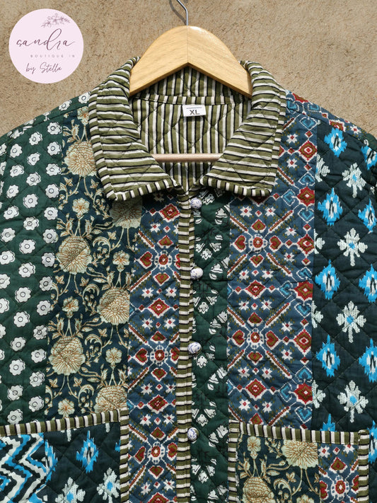 Indian Handmade Patchwork Cotton Quilted Jacket, Vintage Green New Style Cotton Quilted Jacket, Reversible Women's Boho Coat, Gift for Her