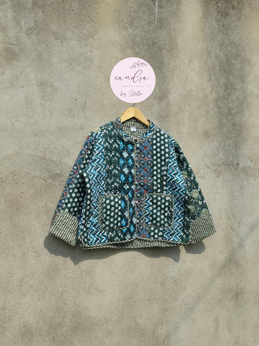 Indian Handmade Patchwork Cotton Quilted Jacket, Vintage New Style Collar Cotton Quilted Jacket, Reversible Women's Boho Coat, Gift for Her