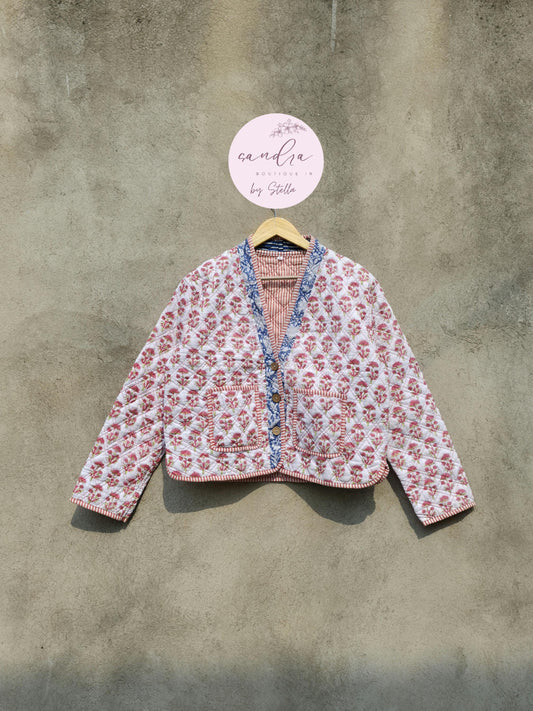 Cotton Quilted Jacket V-Neck New Style Kantha Jacket White Hand Block Print Indian Women's Clothing Coat Boho Spring Jacket Gift for Her