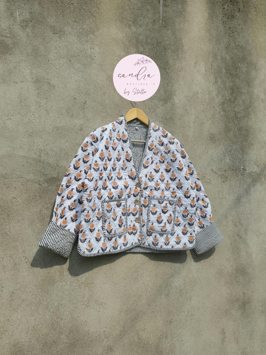 Cotton Quilted Jacket V-Neck New Style Kantha Jacket White Hand Block Print Indian Women's Clothing Coat Boho Spring Jacket Gift for Her