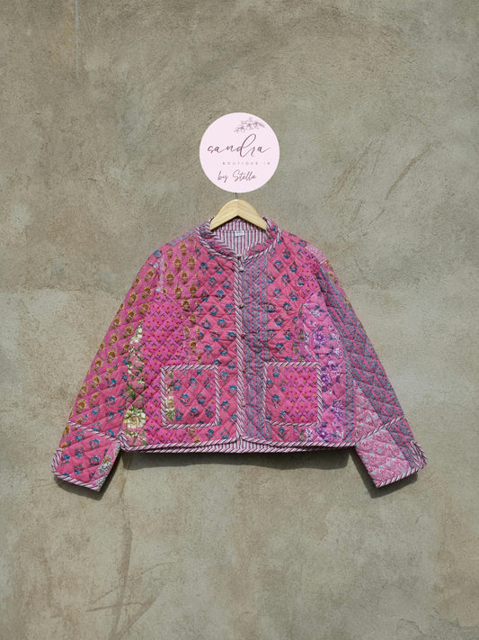 Indian Handmade Quilted Cotton Jacket, Vintage Pink Patchwork Women's Reversible Coat, Kimono Vintage Boho Jacket Spring Jacket Gift for Her