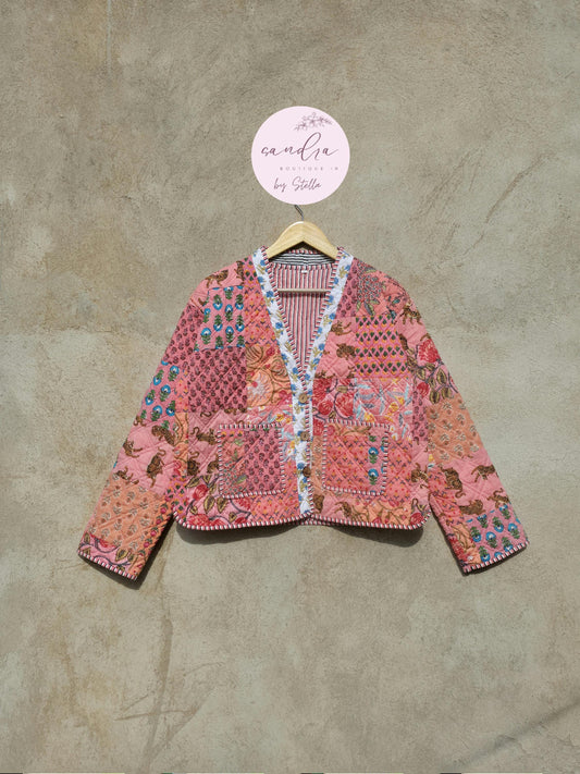 Cotton Quilted Jacket V-Neck New Style Kantha Jacket Hand Block Print Peach Patchwork Women's Clothing Coat Boho Spring Jacket Gift for Her