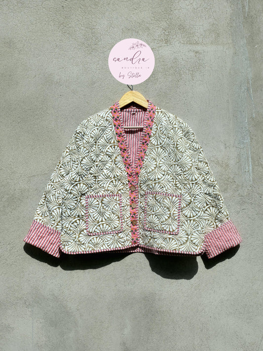 Indian Handmade Cotton Quilted Jacket, V-Neck Vintage Floral Reversible Kantha Coat, Bohemian Hand Block Short Jacket, Gift for Her