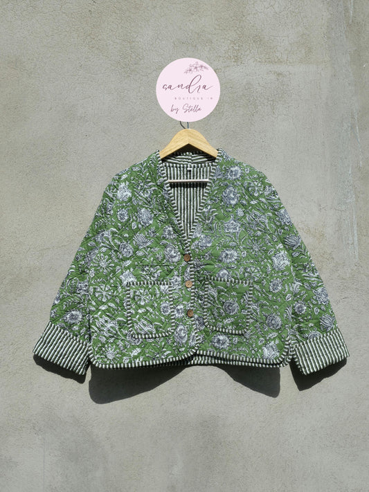 Indian Handmade Cotton Quilted Jacket, Vintage V-Neck Green & White Floral Reversible Kantha Coat, Bohemian Short Jacket, Gift for Her