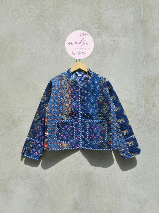 Indian Handmade Quilted Cotton Jacket, Vintage Blue Patchwork Women's Reversible Kantha Coat, Kimono Boho Spring Soft Jacket, Gift for Her