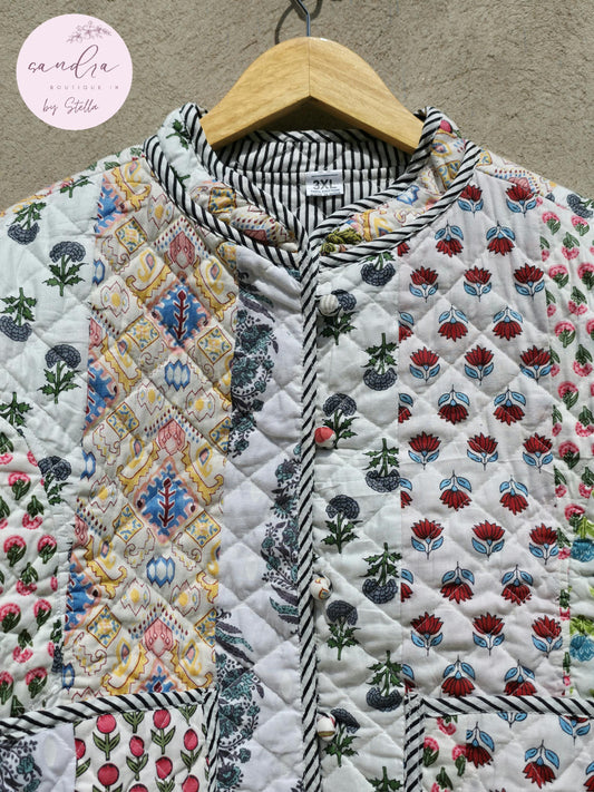 Indian Handmade Quilted Cotton Jacket, Vintage White Patchwork Women's Reversible Kantha Coat, Kimono Boho Spring Soft Jacket, Gift for Her