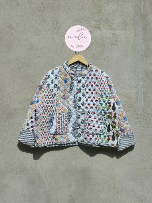 Indian Handmade Quilted Cotton Jacket, Vintage White Patchwork Women's Reversible Kantha Coat, Kimono Boho Spring Soft Jacket, Gift for Her