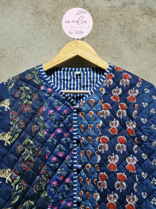 Indian Handmade Patchwork Cotton Quilted Jacket, Vintage Blue New Style Cotton Quilted Jacket, Reversible Women's Boho Coat, Gift for Her