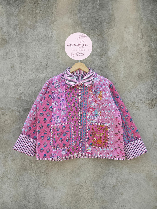 Indian Handmade Patchwork Cotton Quilted Jacket, Vintage Pink New Style Cotton Quilted Jacket, Reversible Women's Boho Coat, Gift for Her