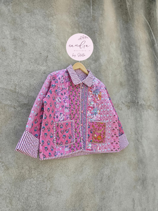 Indian Handmade Patchwork Cotton Quilted Jacket, Vintage Pink New Style Cotton Quilted Jacket, Reversible Women's Boho Coat, Gift for Her