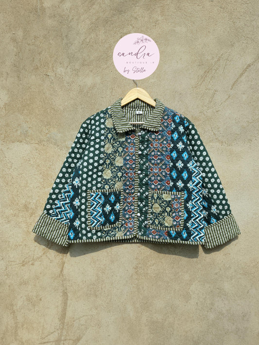 Indian Handmade Patchwork Cotton Quilted Jacket, Vintage Green New Style Cotton Quilted Jacket, Reversible Women's Boho Coat, Gift for Her