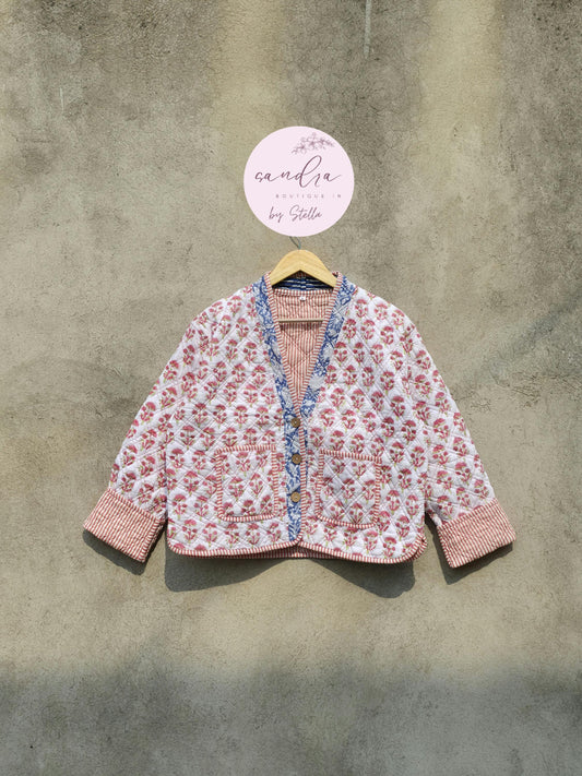 Cotton Quilted Jacket V-Neck New Style Kantha Jacket White Hand Block Print Indian Women's Clothing Coat Boho Spring Jacket Gift for Her