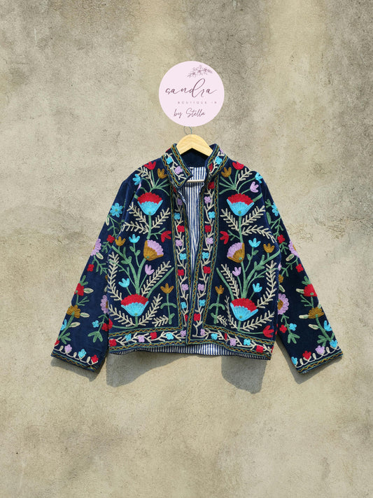 Suzani Embroidery Cotton Velvet Jacket, Kimono Jacket Handmade Soft TNT Fabric Jacket, Women's Clothing Coat Boho Jacket Spring Gift for Her