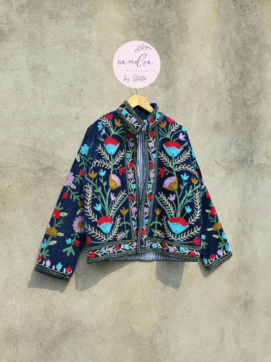 Suzani Embroidery Cotton Velvet Jacket, Kimono Jacket Handmade Soft TNT Fabric Jacket, Women's Clothing Coat Boho Jacket Spring Gift for Her