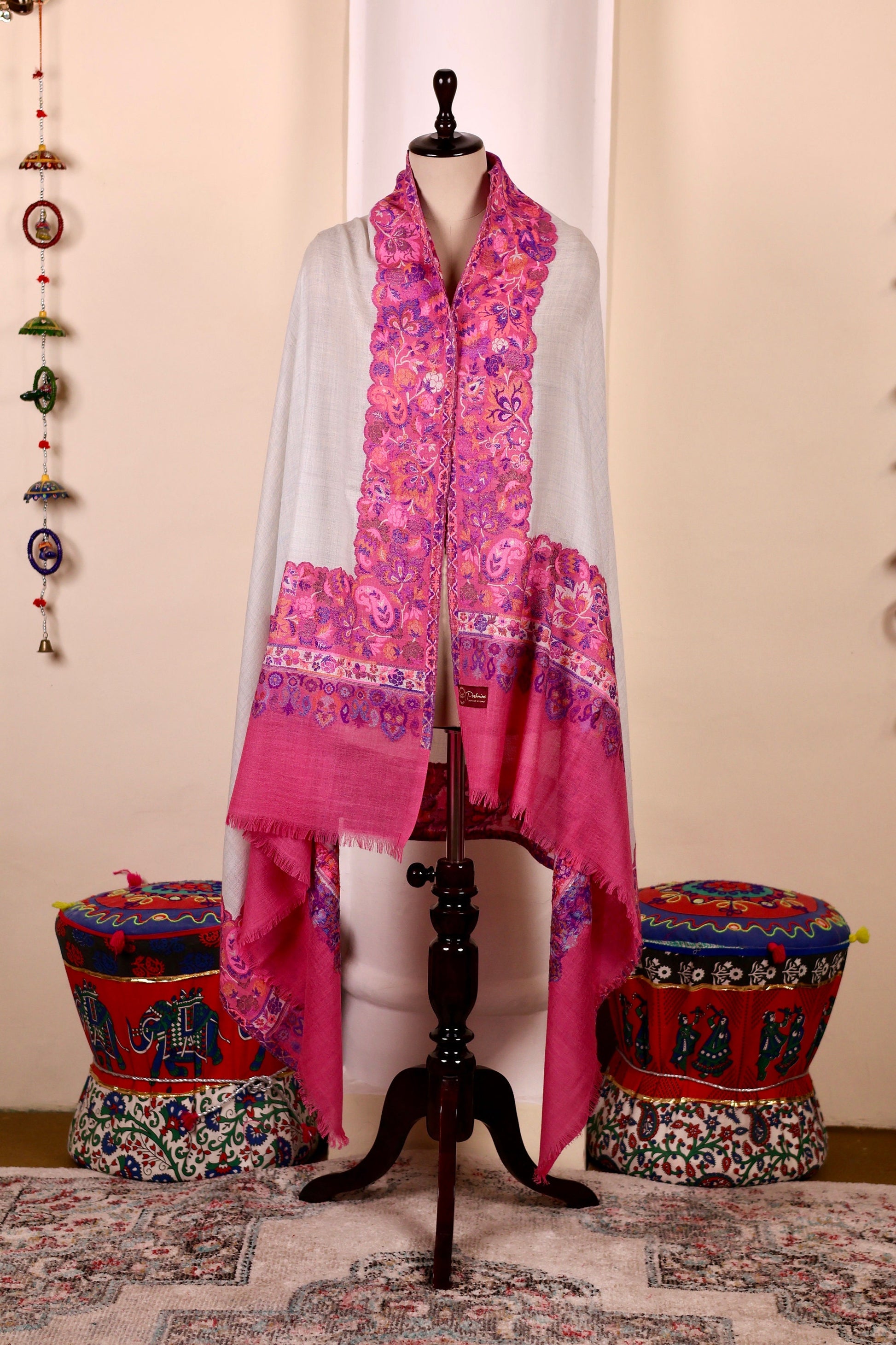 Pink Pashmina Cashmere Shawl, Kalamkari Kashmiri Pashmina Silk Shawl, Premium Cashmere Scarfs, Soft & Warm Shawls Christmas Gift
