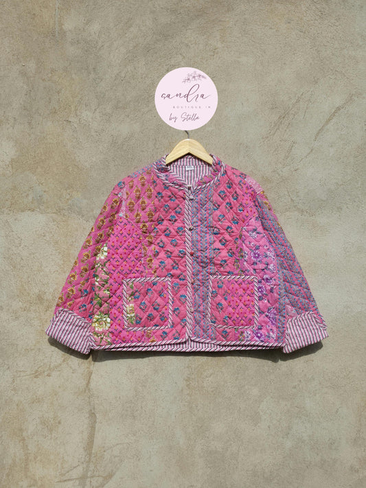 Indian Handmade Quilted Cotton Jacket, Vintage Pink Patchwork Women's Reversible Coat, Kimono Vintage Boho Jacket Spring Jacket Gift for Her