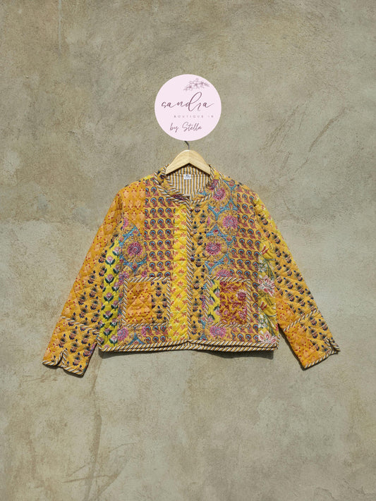 Indian Handmade Quilted Cotton Jacket, Vintage Yellow Patchwork Women's Reversible Coat, Kimono Boho Spring Soft Jacket, Gift for Her