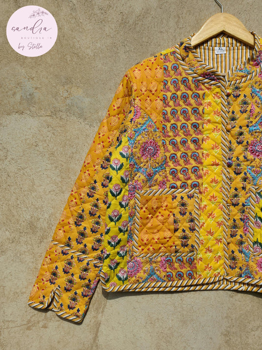 Indian Handmade Quilted Cotton Jacket, Vintage Yellow Patchwork Women's Reversible Coat, Kimono Boho Spring Soft Jacket, Gift for Her