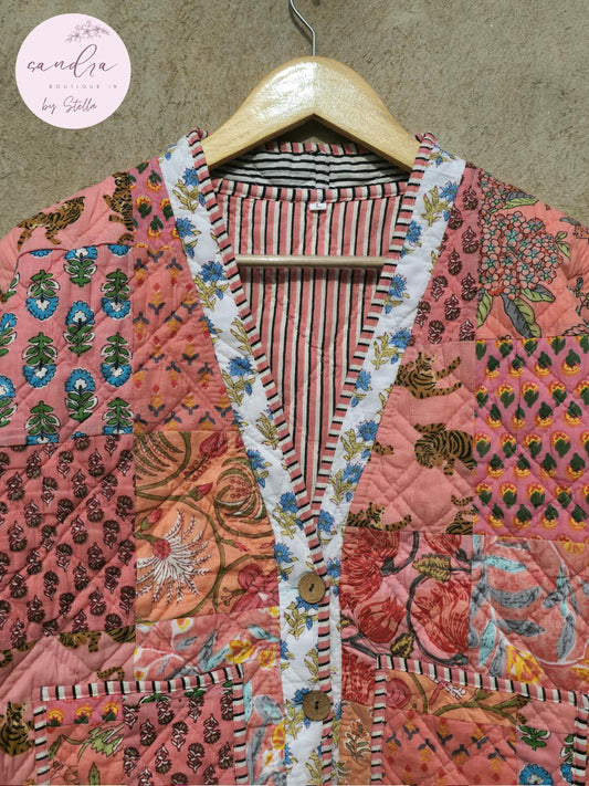 Cotton Quilted Jacket V-Neck New Style Kantha Jacket Hand Block Print Peach Patchwork Women's Clothing Coat Boho Spring Jacket Gift for Her