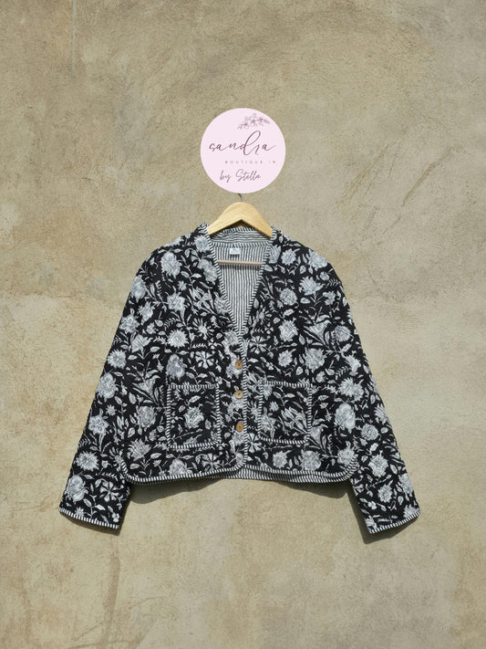Handmade Cotton Quilted Jacket, Vintage Indian Black Floral Reversible Kantha V-Neck Coat Bohemian Hand Block Short Jacket, Gift for Her