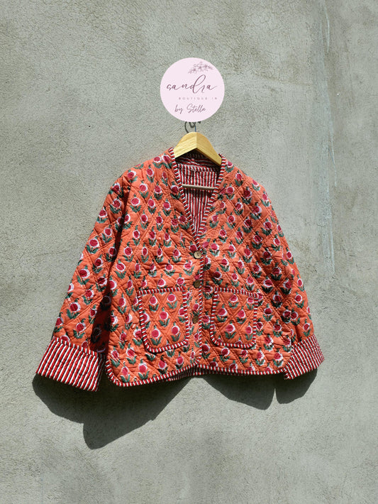 Handmade Cotton Quilted Jacket, Vintage Indian Orange Floral Reversible Kantha V-Neck Coat Bohemian Hand Block Short Jacket, Gift for Her