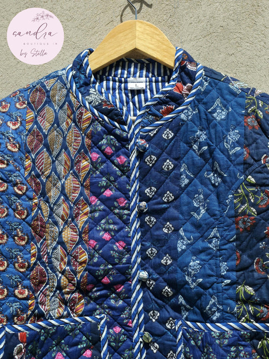 Indian Handmade Quilted Cotton Jacket, Vintage Blue Patchwork Women's Reversible Kantha Coat, Kimono Boho Spring Soft Jacket, Gift for Her