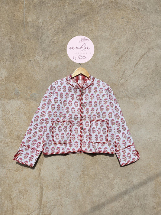 Cotton Handmade Kantha Quilted Jacket, White & Red Floral Reversible Women's Soft Coat, Vintage Indian Kimono Boho Jacket, Gift for Her