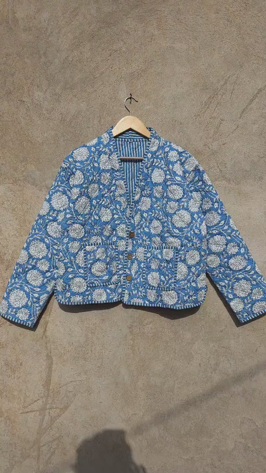 Handmade Cotton Quilted Jacket, Vintage Indian Sky Blue Floral Reversible Kantha V-Neck Coat Bohemian Hand Block Short Jacket, Gift for Her