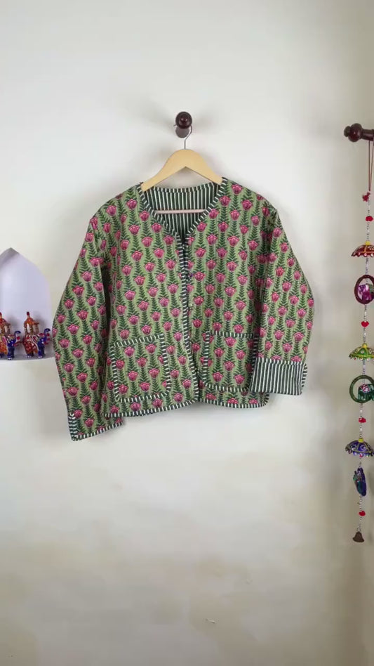 Cotton Handmade Kantha Jacket, Womens Clothing Quilted Reversible Coat, Kimono Indian Hand Printed Vintage Boho Vest, Valentine Gift for Her