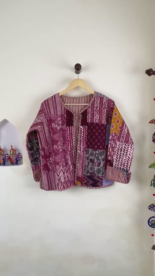 Handmade Cotton Quilted Jacket - Cozy Winter Outerwear Reversible Kantha Patchwork Coat Boho Hand Block Short Jacket, Valentine Gift for her