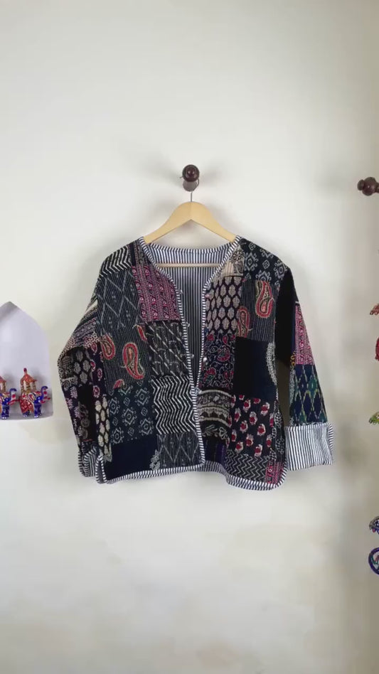 Handmade Cotton Quilted Jacket - Cozy Winter Outerwear Reversible Kantha Patchwork Coat Boho Hand Block Short Jacket, Valentine Gift for her