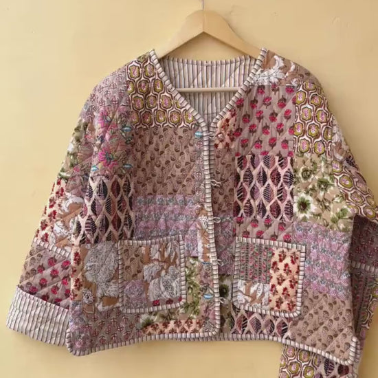 Indian Cotton Kantha Jacket, Vintage Patchwork Women’s Quilted Reversible Coat Kimono Block Printed Boho Style Spring Jacket, Gift for her