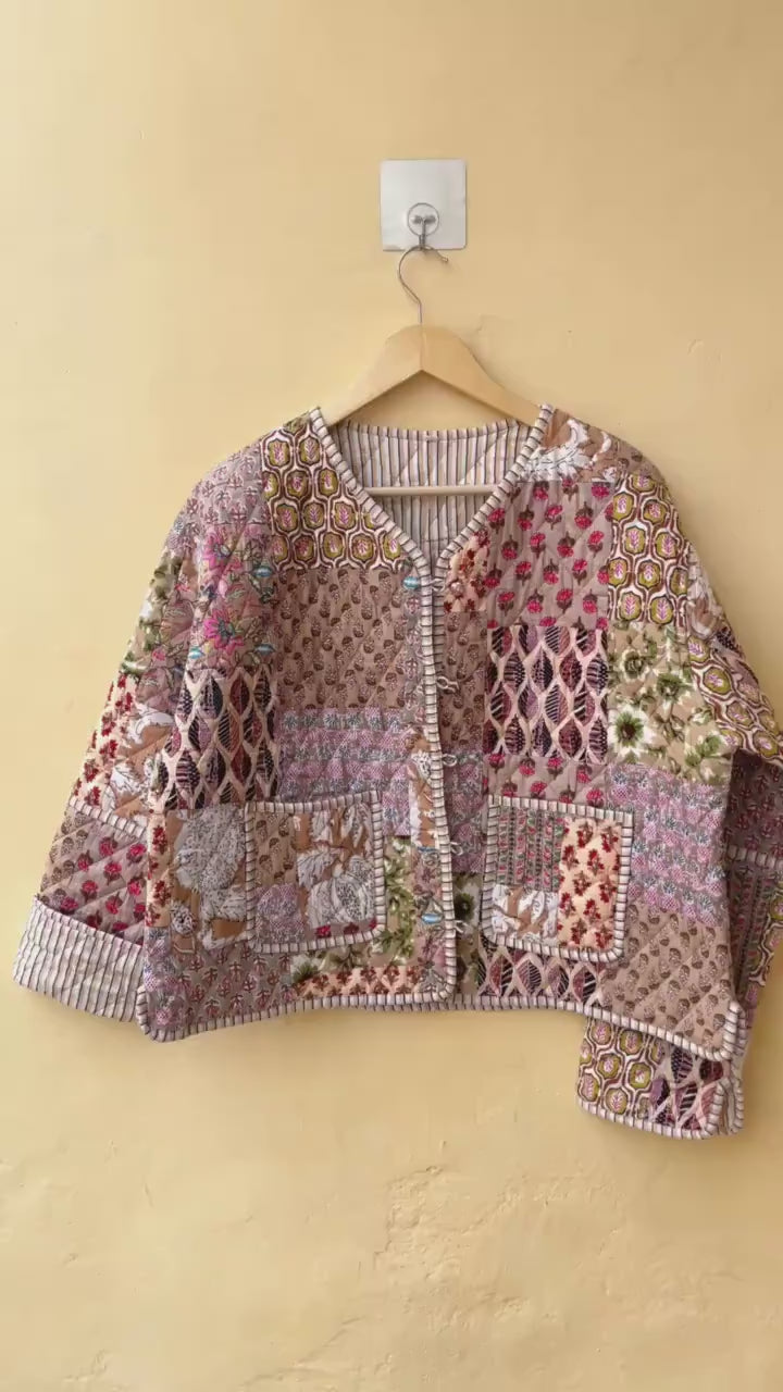Indian Cotton Kantha Jacket, Vintage Patchwork Women’s Quilted Reversible Coat Kimono Block Printed Boho Style Spring Jacket, Gift for her