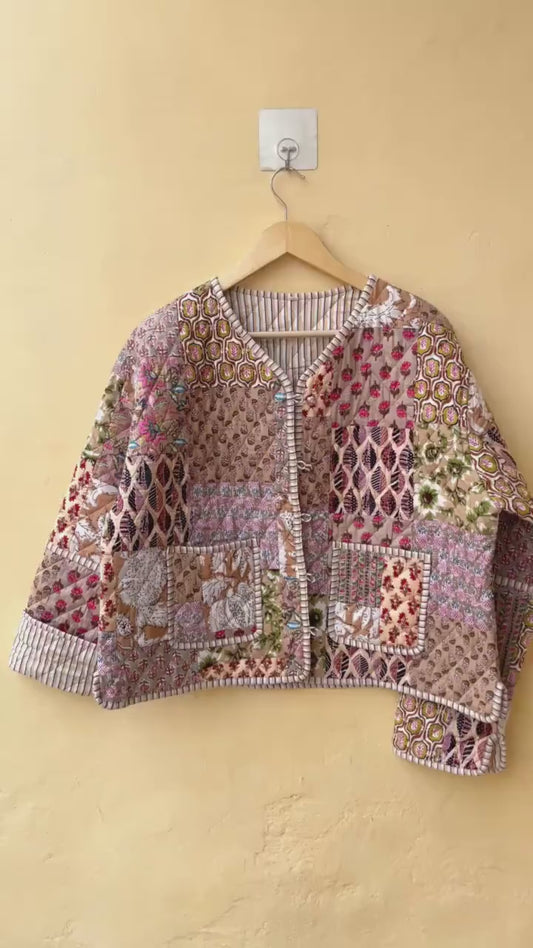 Indian Cotton Kantha Jacket, Vintage Patchwork Women’s Quilted Reversible Coat Kimono Block Printed Boho Style Spring Jacket, Gift for her