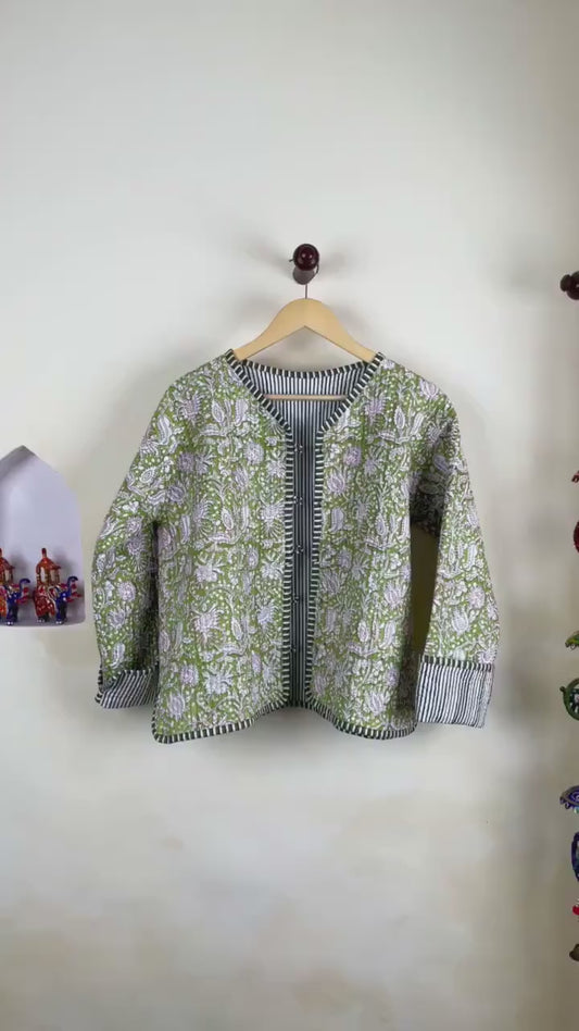 Cotton Handmade Kantha Jacket, Womens Clothing Quilted Reversible Coat, Kimono Indian Hand Printed Vintage Boho Vest Valentines Gift for Her