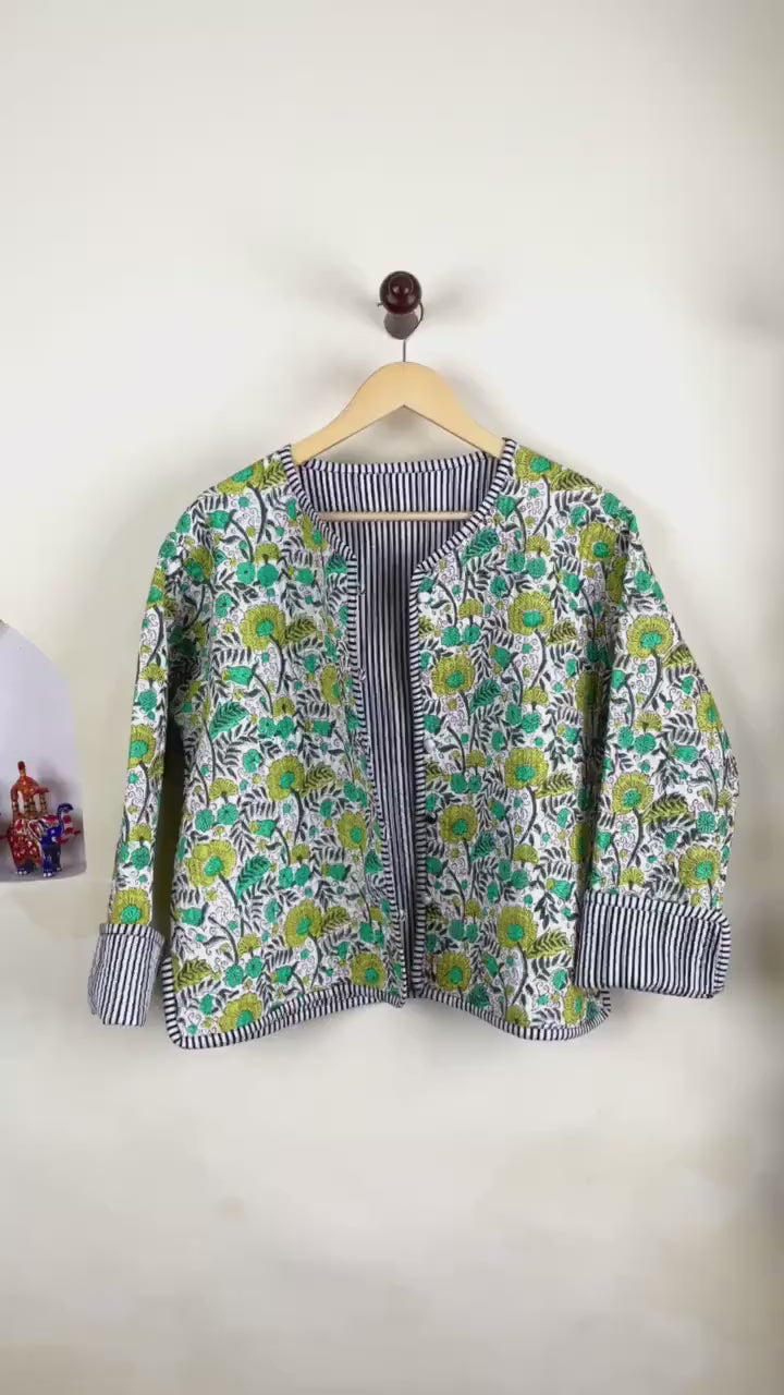 HandBlock Printed Quilted Cotton Jackets | White & Green Floral Women's Coat | Reversible Bohemian Style Indian Handmade Quilted Jackets