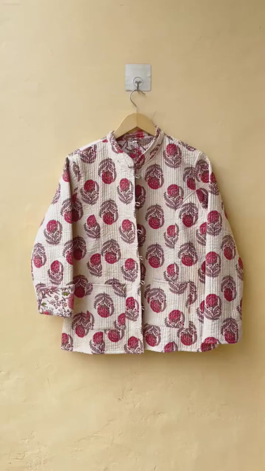 Cotton Handmade Kantha Jacket, Womens Clothing Quilted Reversible Coat, Kimono Indian Hand Printed Vintage Boho Vest Valentines Gift for Her