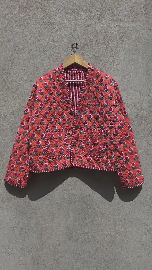 Handmade Cotton Quilted Jacket, Vintage Indian Orange Floral Reversible Kantha V-Neck Coat Bohemian Hand Block Short Jacket, Gift for Her