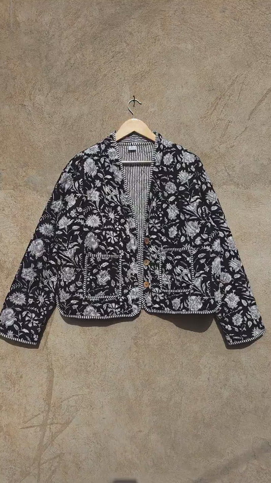 Handmade Cotton Quilted Jacket, Vintage Indian Black Floral Reversible Kantha V-Neck Coat Bohemian Hand Block Short Jacket, Gift for Her