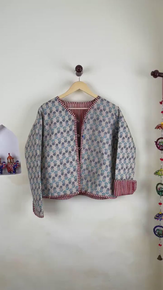 Cotton Handmade Kantha Jacket, Womens Clothing Quilted Reversible Coat, Kimono Indian Hand Printed Vintage Boho Vest Valentines Gift for Her